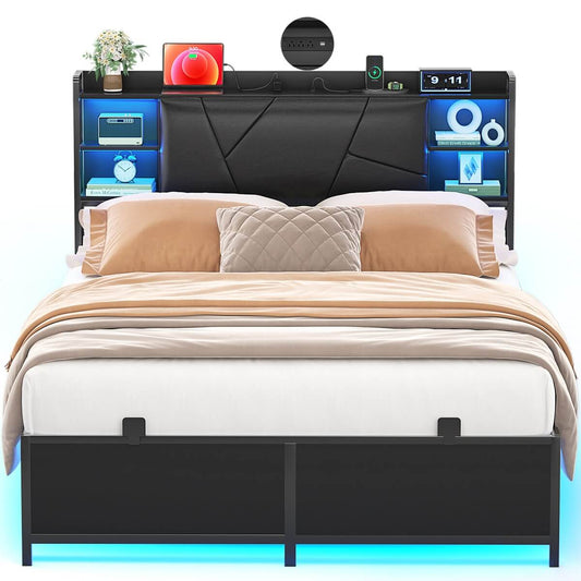 Full Size Bed Frame with Upholstered Headboard, USB Charging & RGB LED Lights