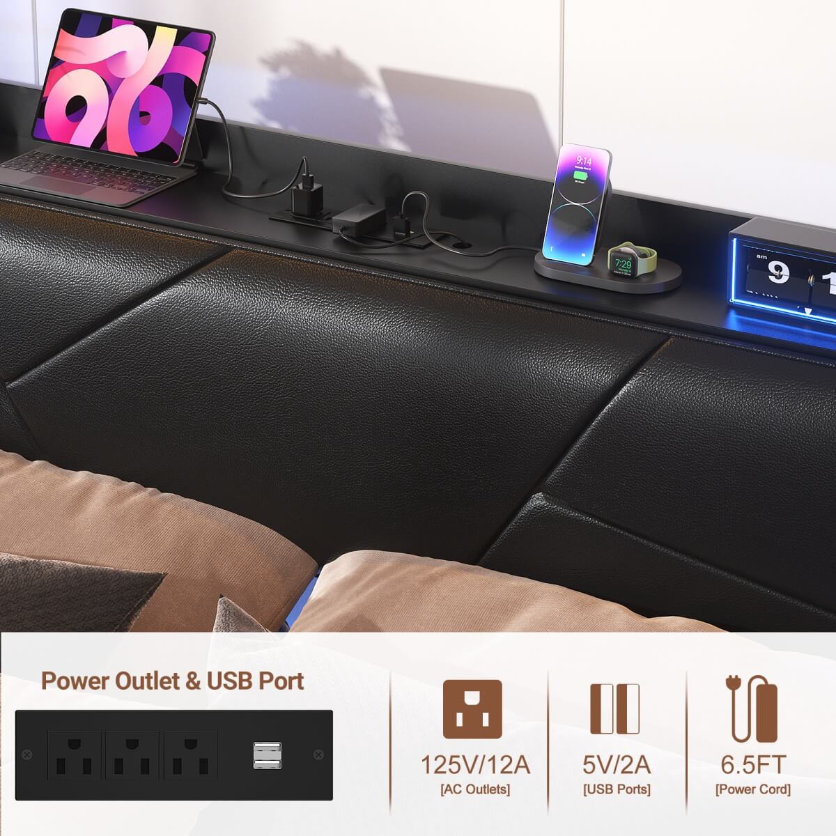 Full Size Bed Frame with Upholstered Headboard, USB Charging & RGB LED Lights