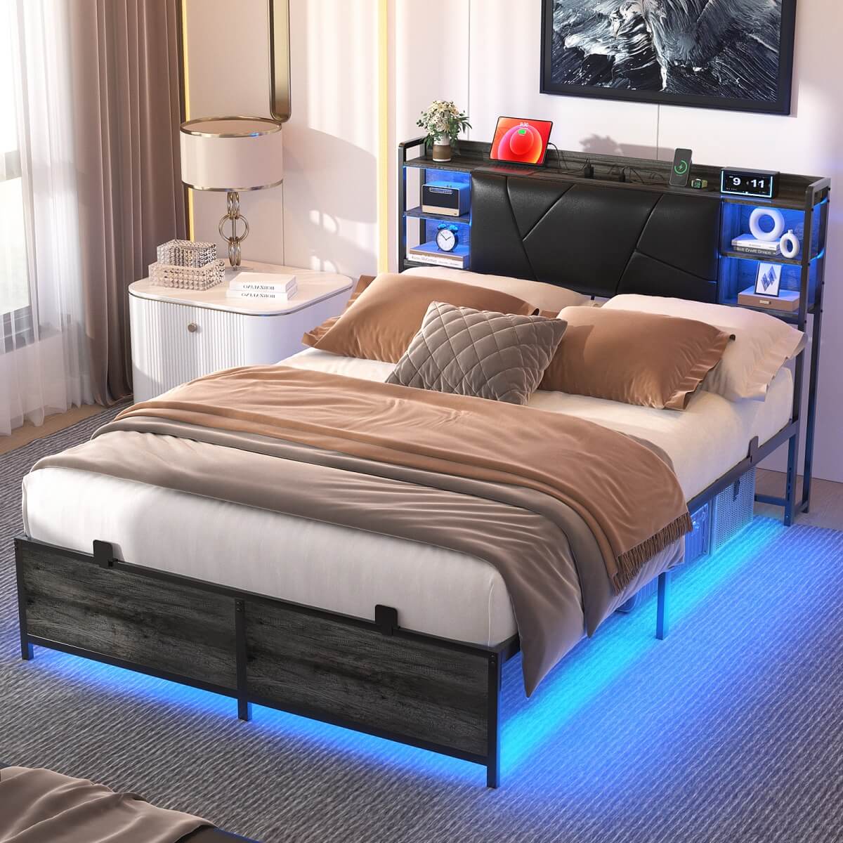 Full Size Bed Frame with Upholstered Headboard, USB Charging & RGB LED Lights
