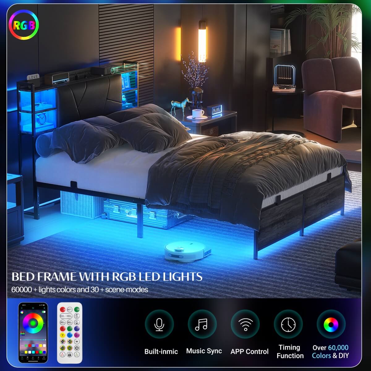 Full Size Bed Frame with Upholstered Headboard, USB Charging & RGB LED Lights