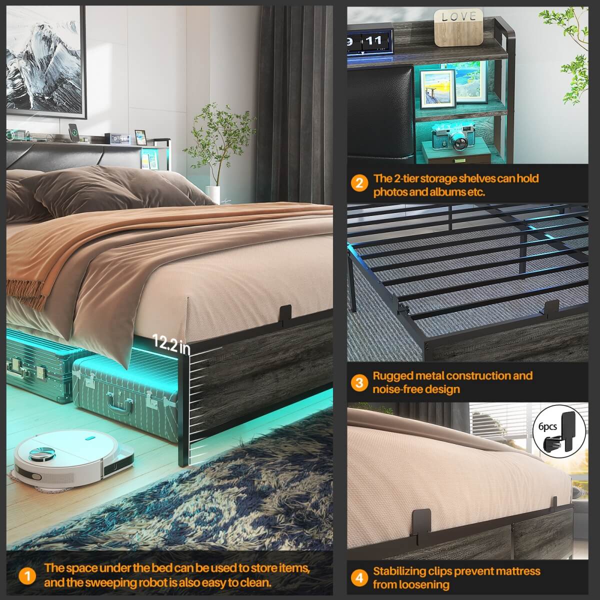 Full Size Bed Frame with Upholstered Headboard, USB Charging & RGB LED Lights