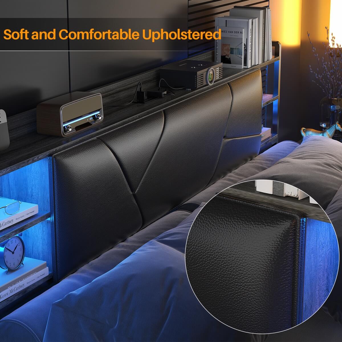 Full Size Bed Frame with Upholstered Headboard, USB Charging & RGB LED Lights