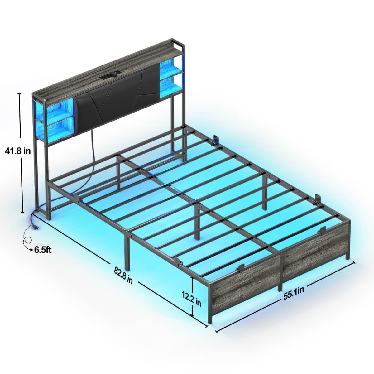 Full Size Bed Frame with Upholstered Headboard, USB Charging & RGB LED Lights