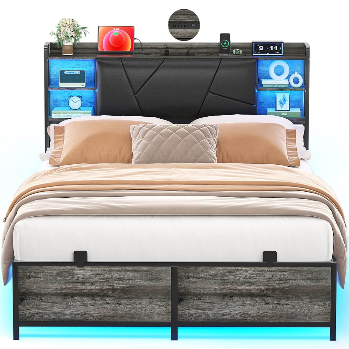 Full Size Bed Frame with Upholstered Headboard, USB Charging & RGB LED Lights
