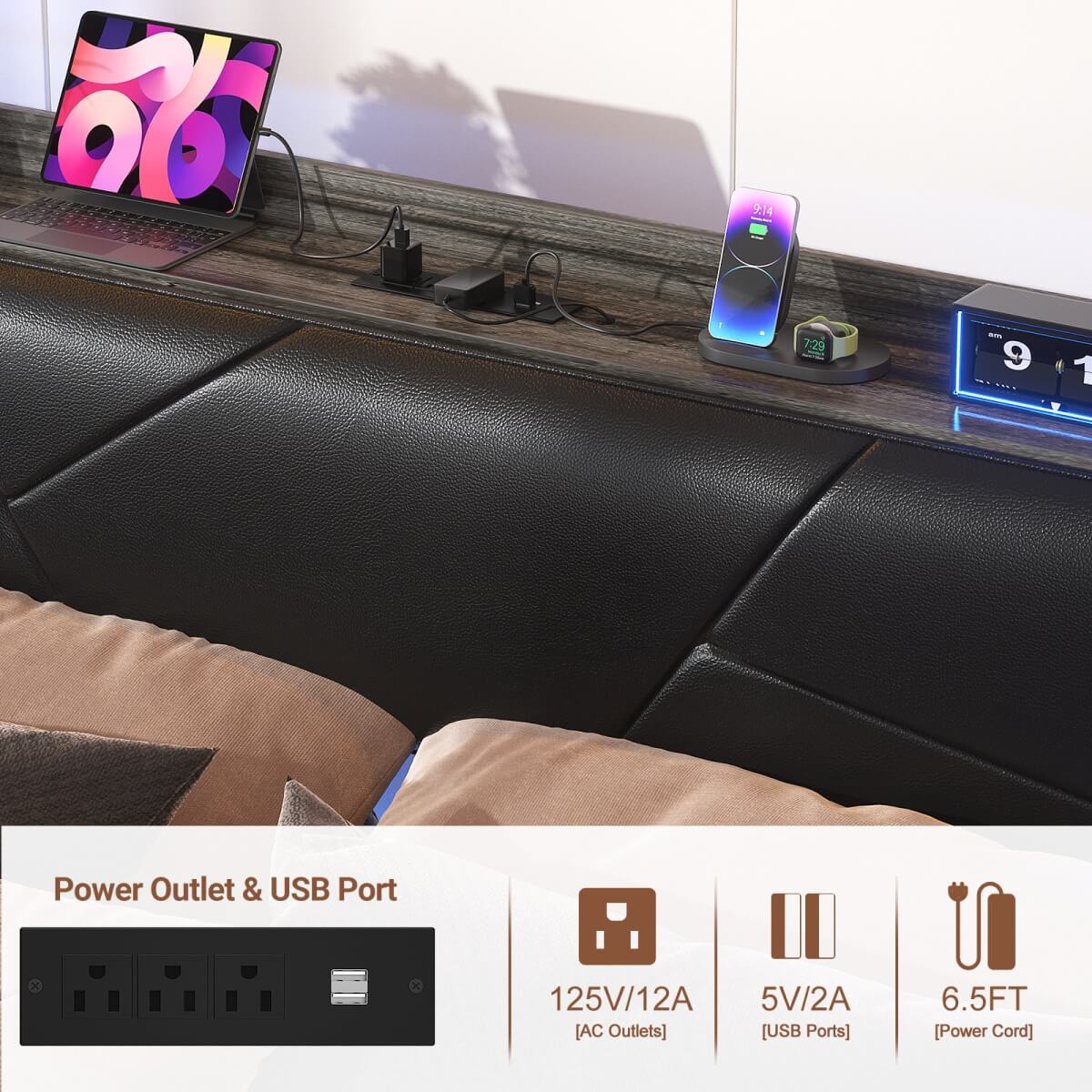 Full Size Bed Frame with Upholstered Headboard, USB Charging & RGB LED Lights