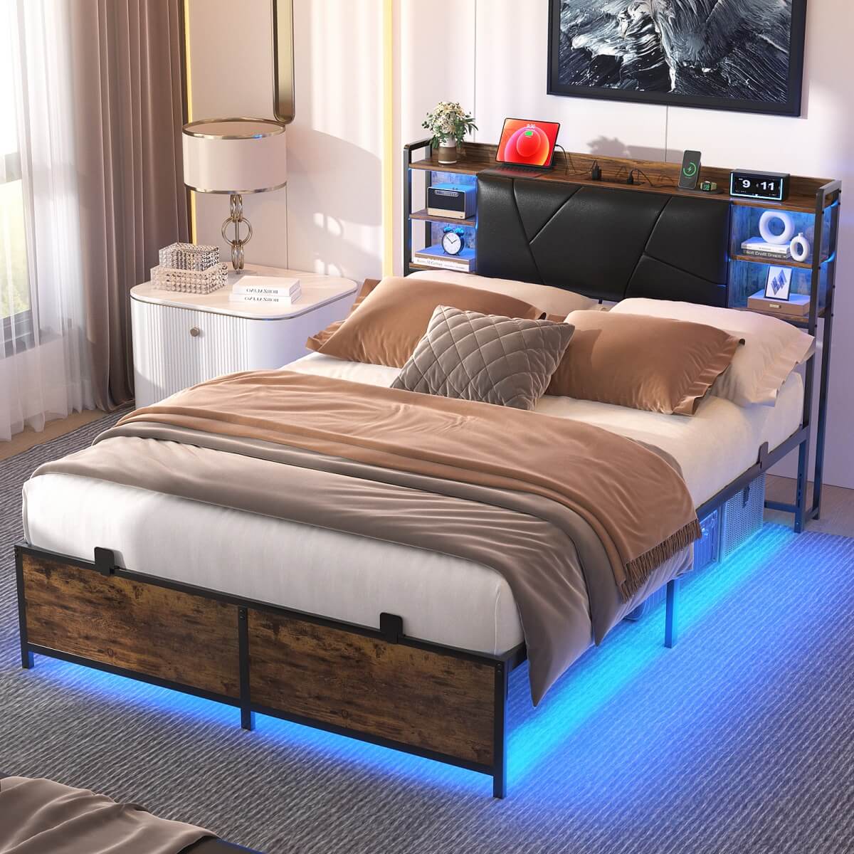 Full Size Bed Frame with Upholstered Headboard, USB Charging & RGB LED Lights