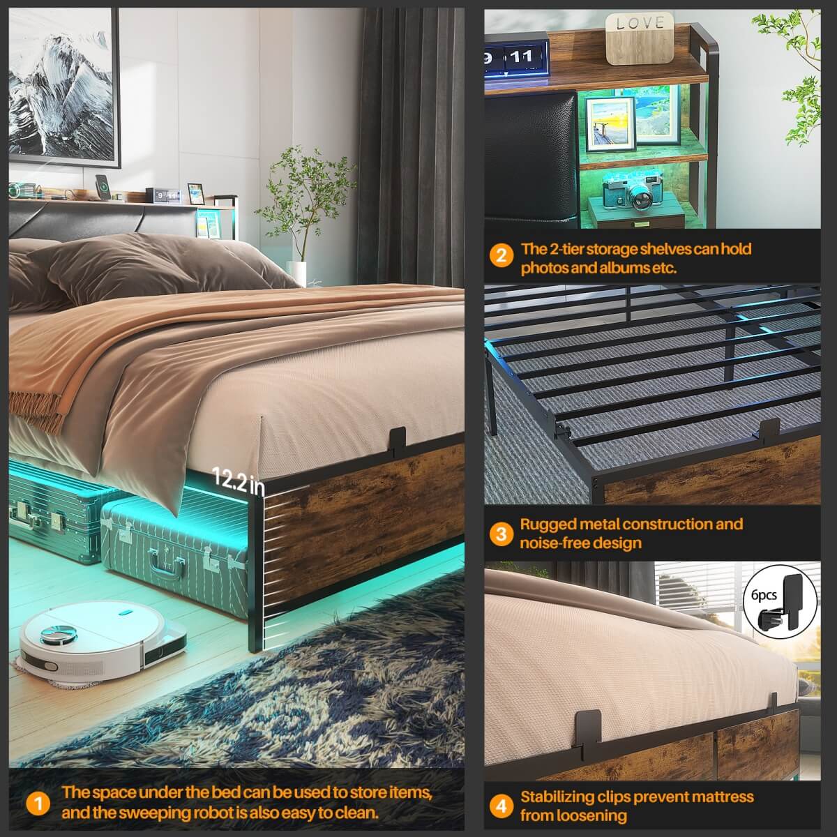 Full Size Bed Frame with Upholstered Headboard, USB Charging & RGB LED Lights