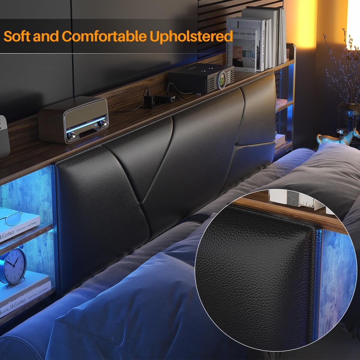 Full Size Bed Frame with Upholstered Headboard, USB Charging & RGB LED Lights