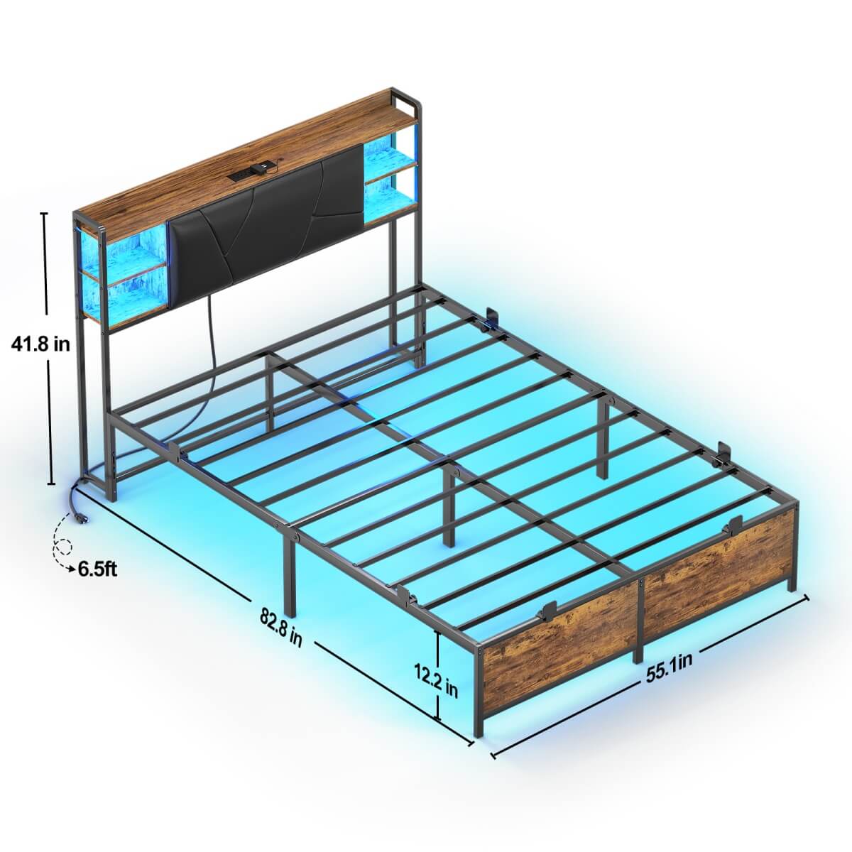 Full Size Bed Frame with Upholstered Headboard, USB Charging & RGB LED Lights
