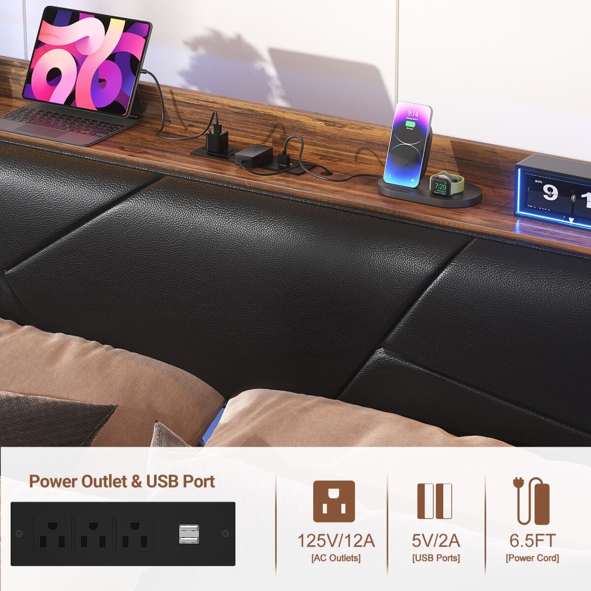 Full Size Bed Frame with Upholstered Headboard, USB Charging & RGB LED Lights