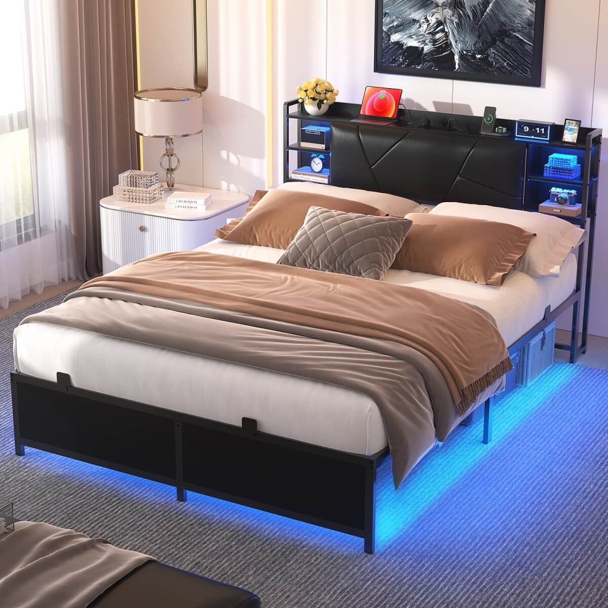 Queen Size Bed Frame with Upholstered Headboard, USB Charging & RGB LED Lights