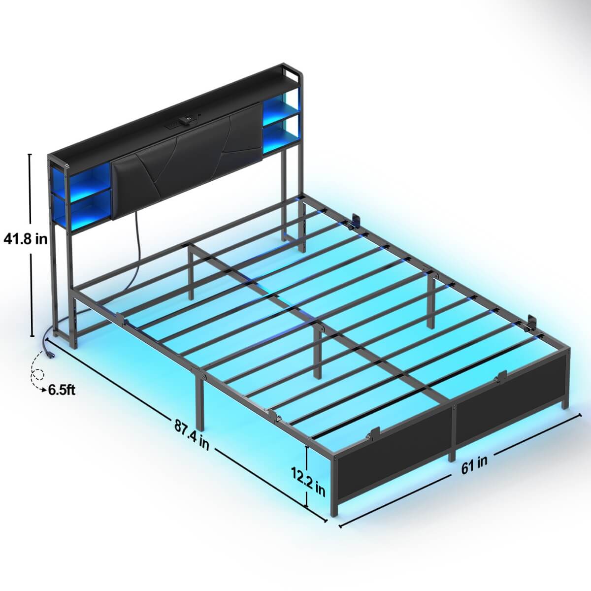 Queen Size Bed Frame with Upholstered Headboard, USB Charging & RGB LED Lights