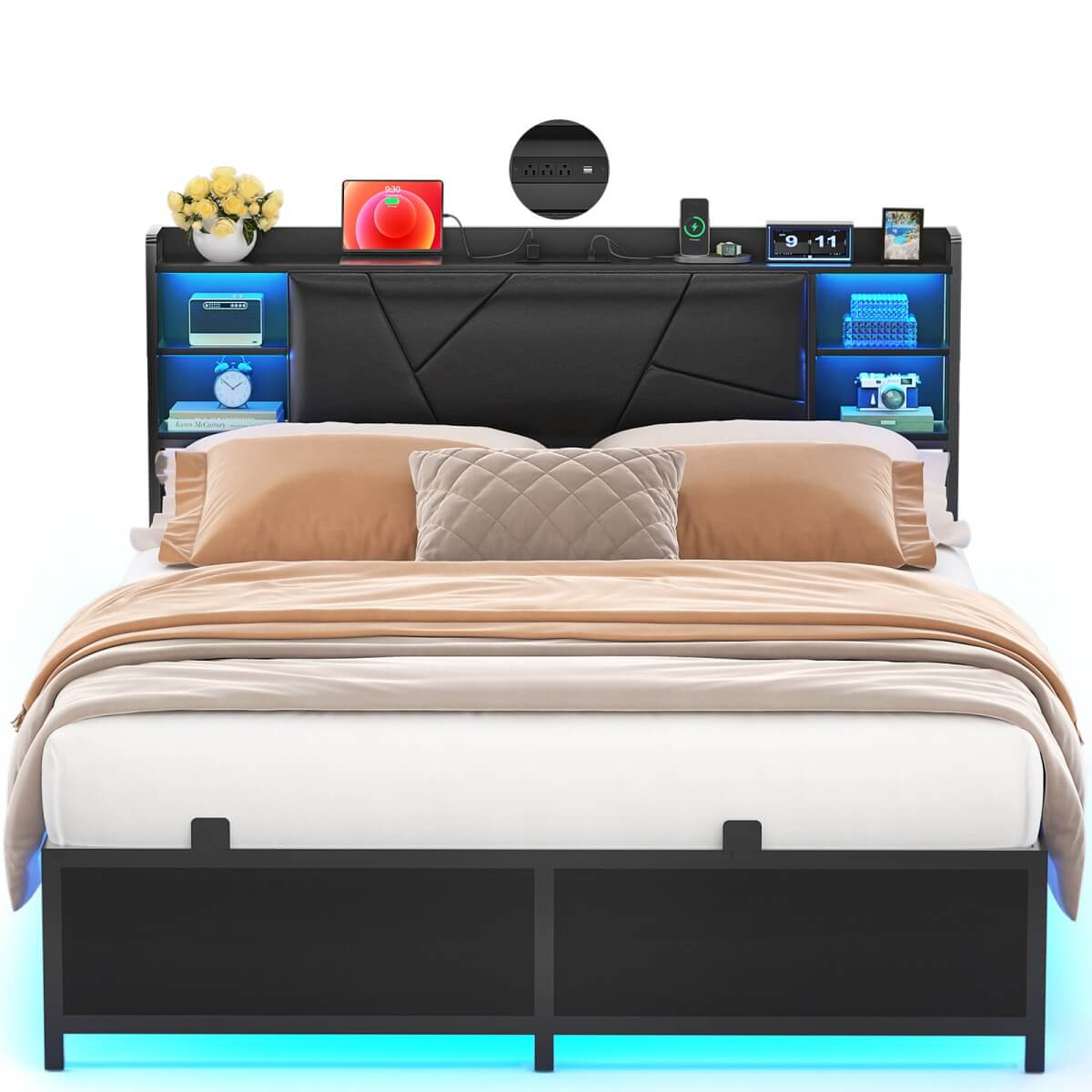 Queen Size Bed Frame with Upholstered Headboard, USB Charging & RGB LED Lights