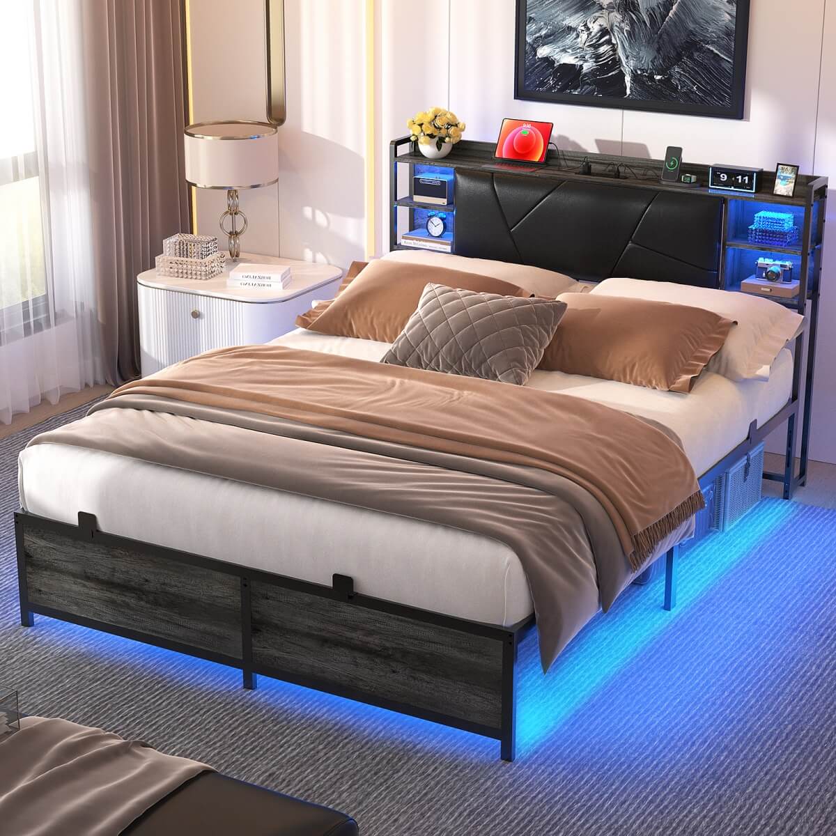 Queen Size Bed Frame with Upholstered Headboard, USB Charging & RGB LED Lights