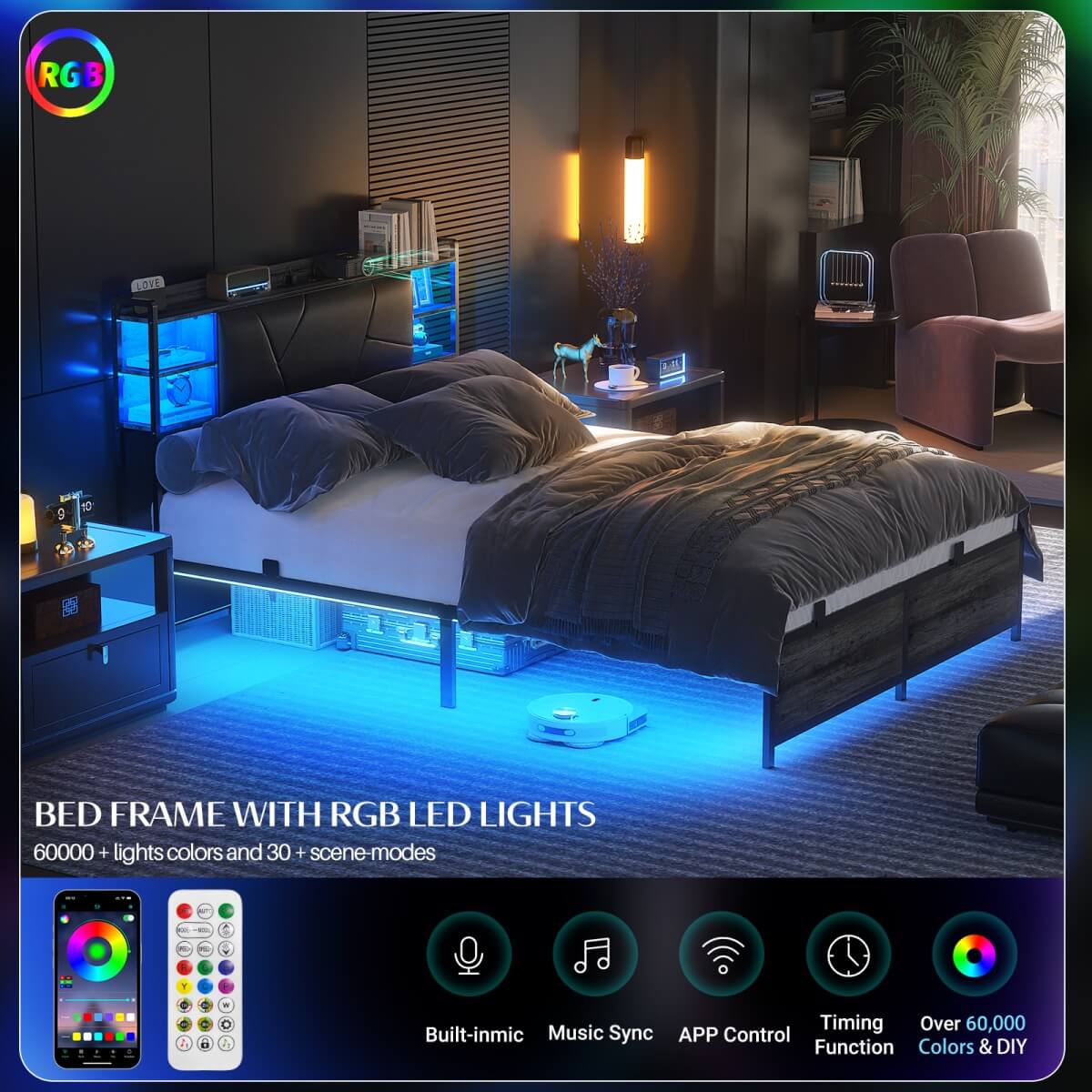 Queen Size Bed Frame with Upholstered Headboard, USB Charging & RGB LED Lights