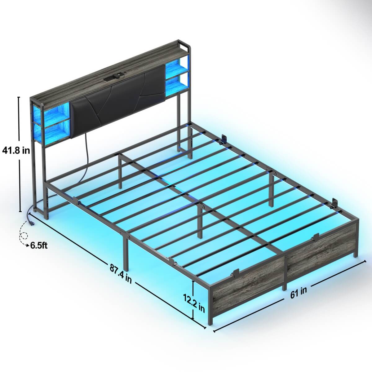 Queen Size Bed Frame with Upholstered Headboard, USB Charging & RGB LED Lights