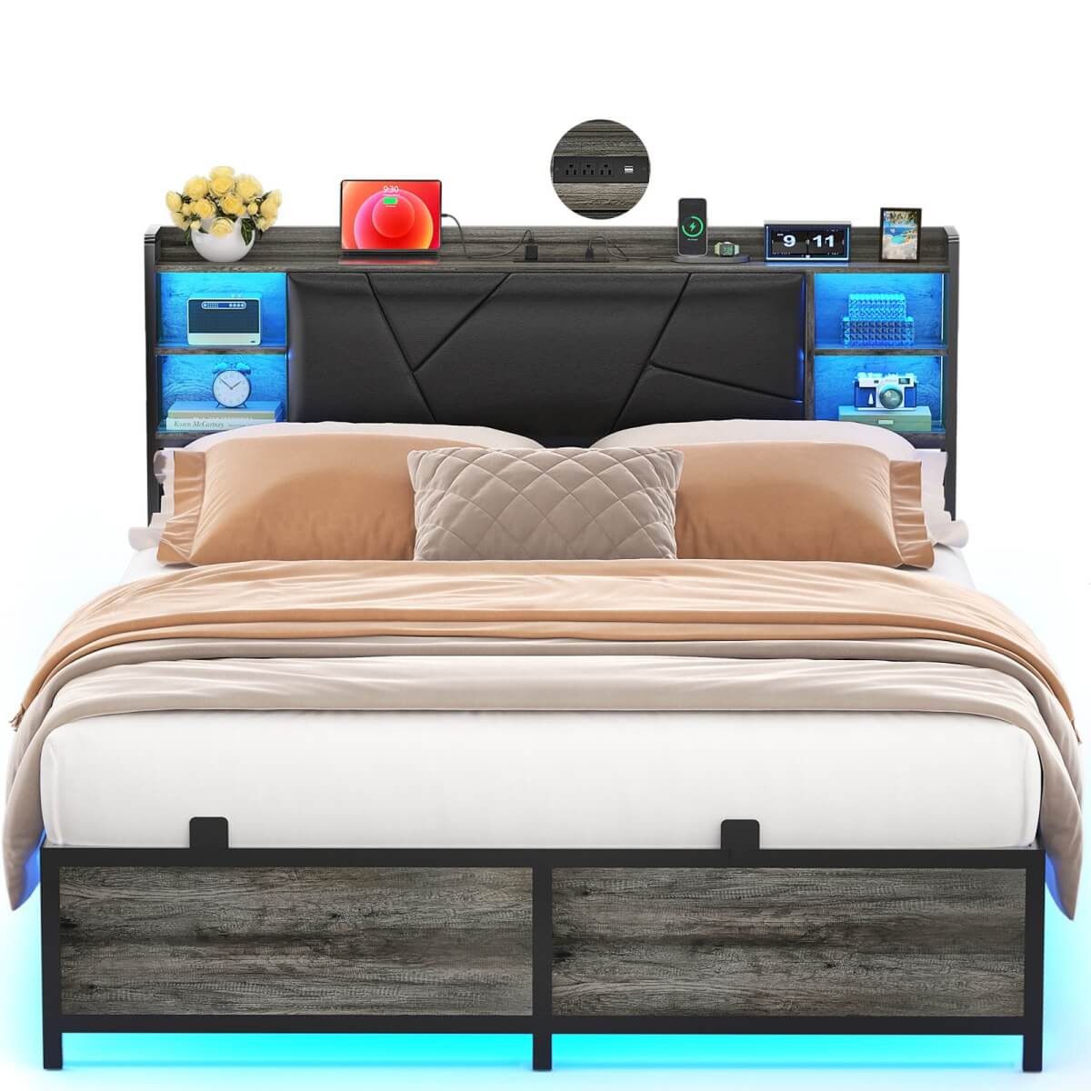 Queen Size Bed Frame with Upholstered Headboard, USB Charging & RGB LED Lights