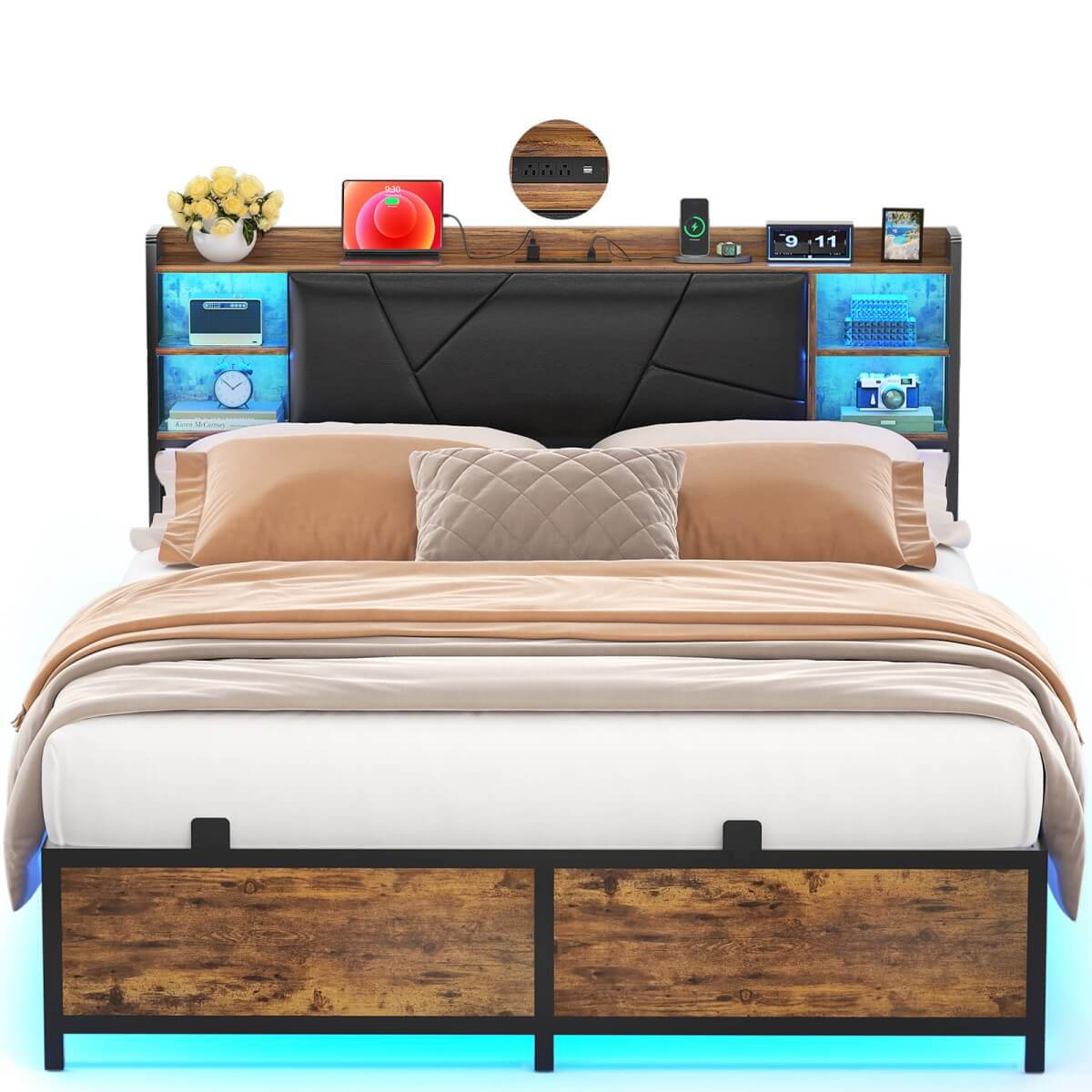 Queen Size Bed Frame with Upholstered Headboard, USB Charging & RGB LED Lights