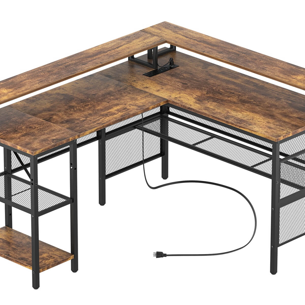 Reversible L Shaped Desk with Power Outlets and LED Light