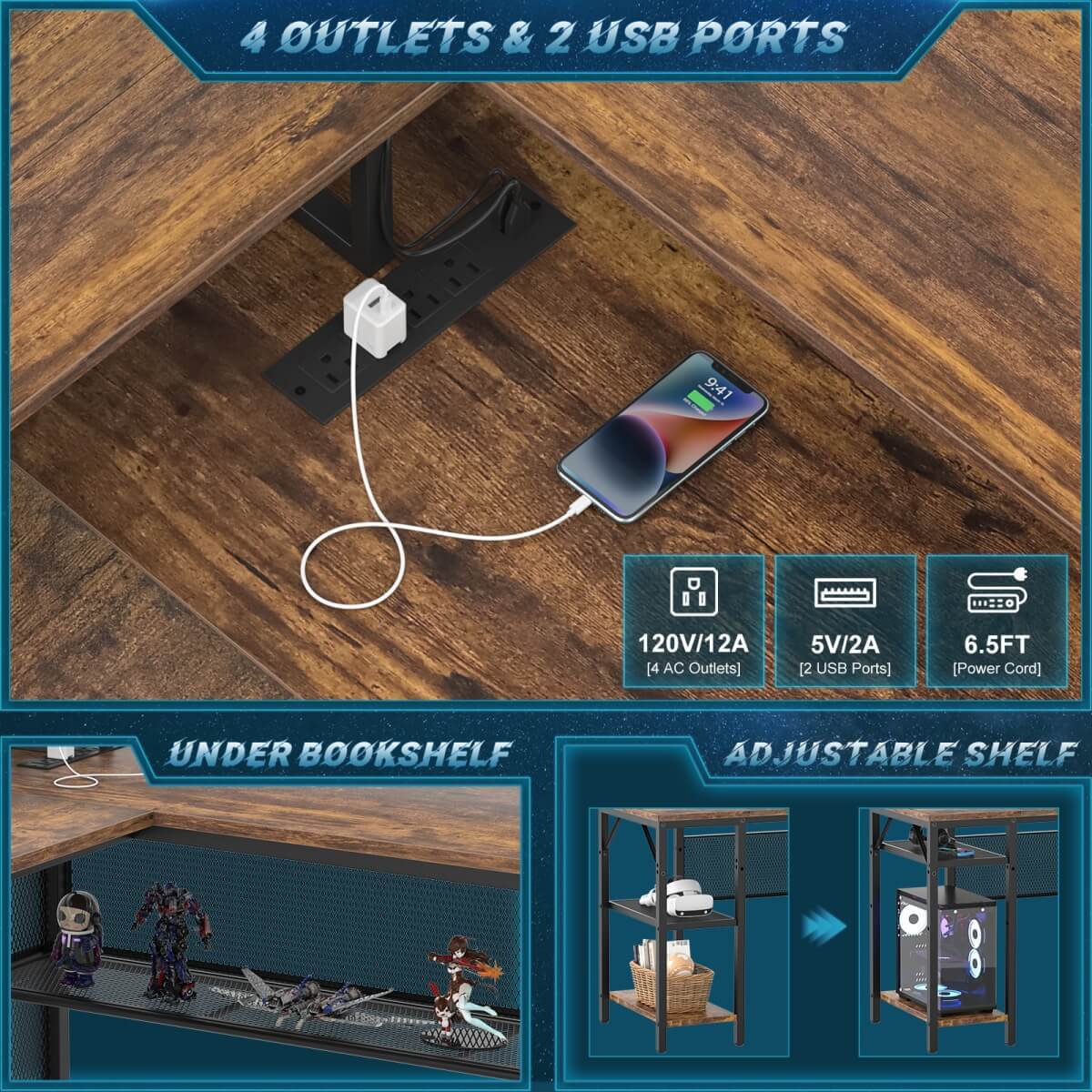 Reversible L Shaped Desk with Power Outlets and LED Light