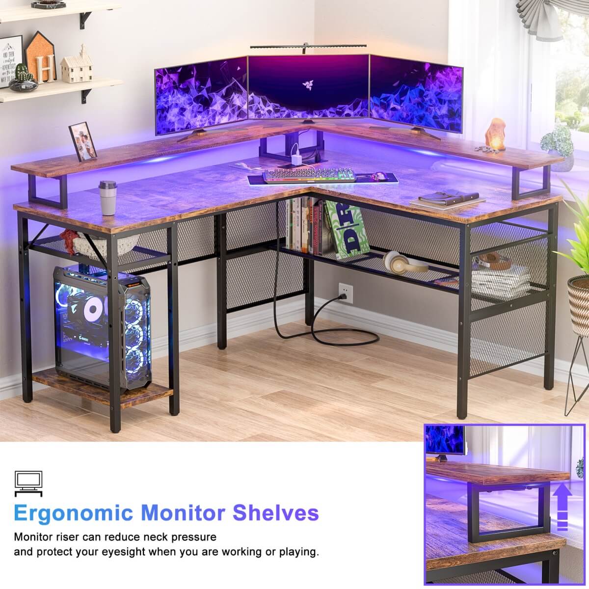 Reversible L Shaped Desk with Power Outlets and LED Light
