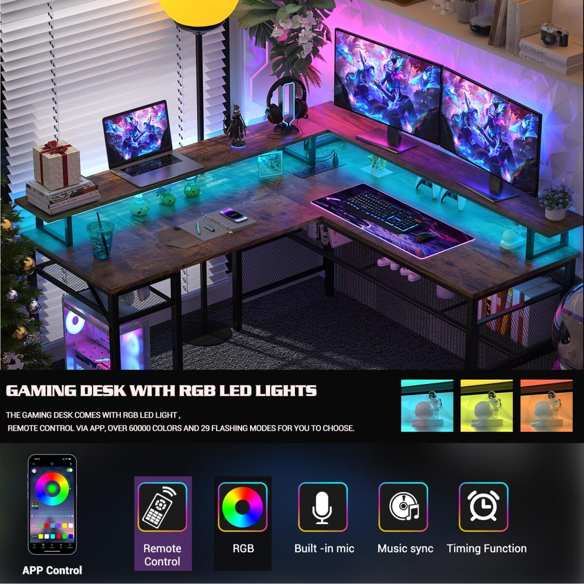 Reversible L Shaped Desk with Power Outlets and LED Light