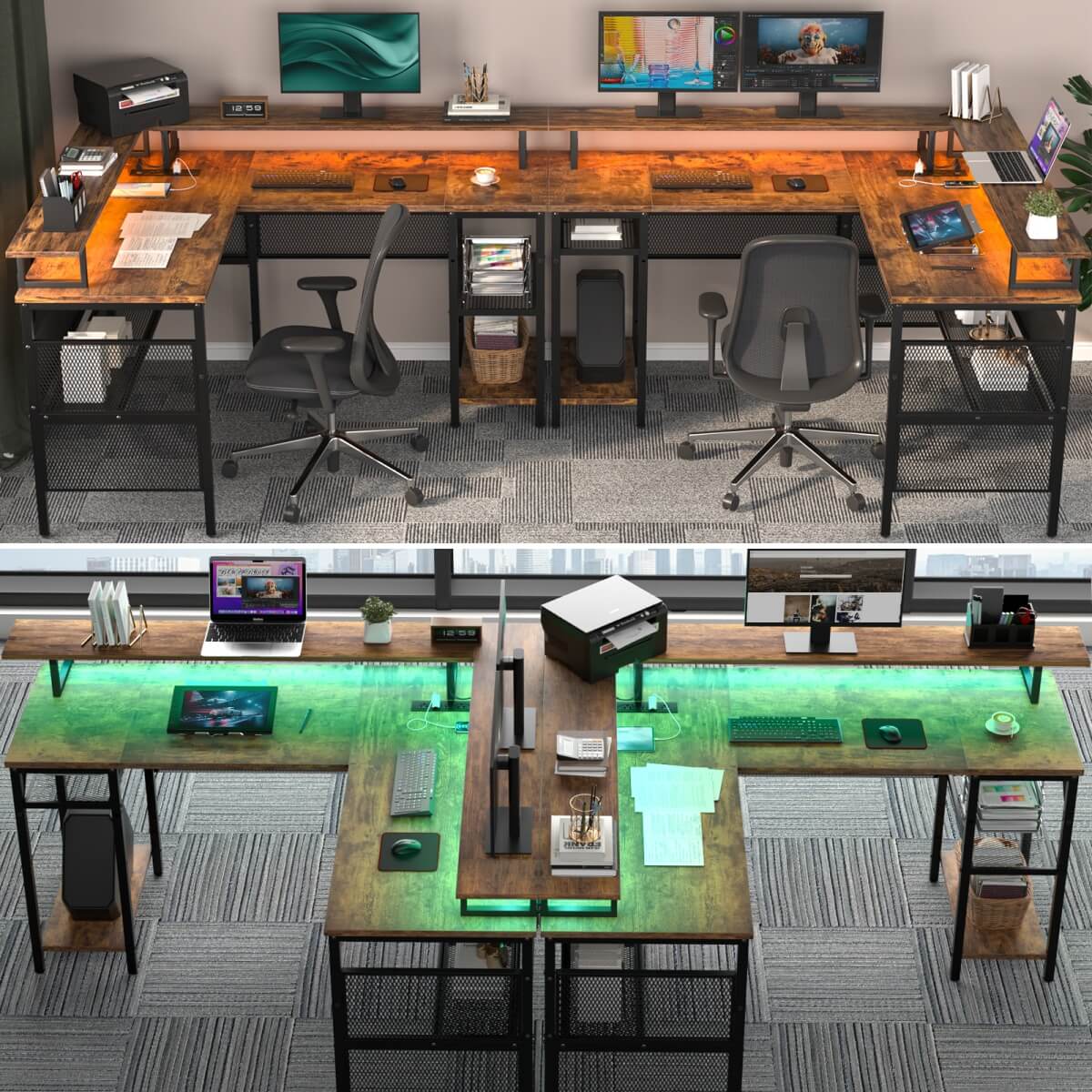 Reversible L Shaped Desk with Power Outlets and LED Light