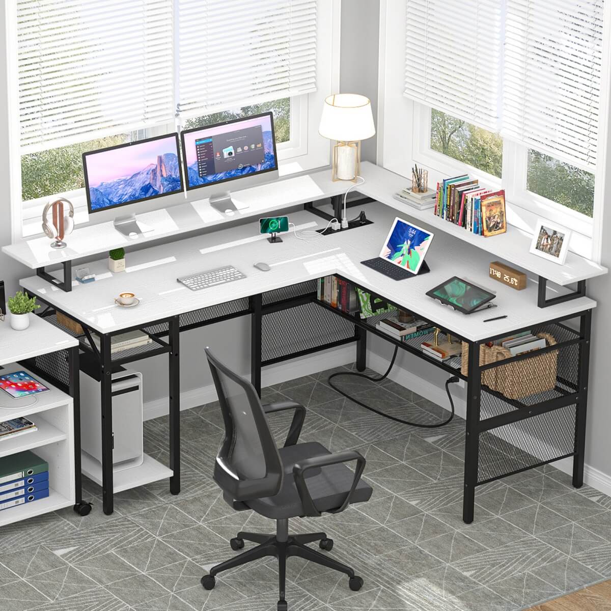 Reversible L Shaped Desk with Power Outlets and LED Light