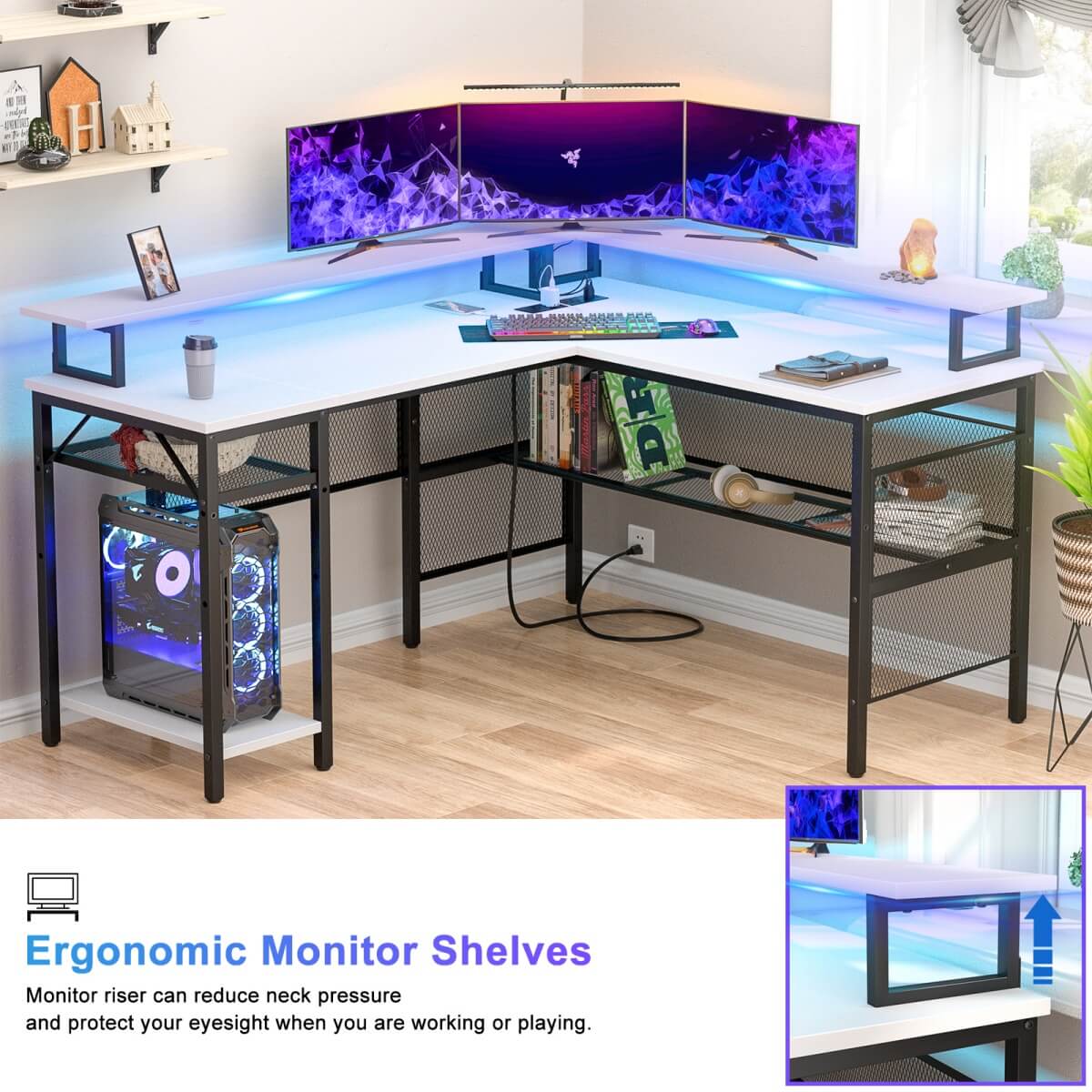 Reversible L Shaped Desk with Power Outlets and LED Light