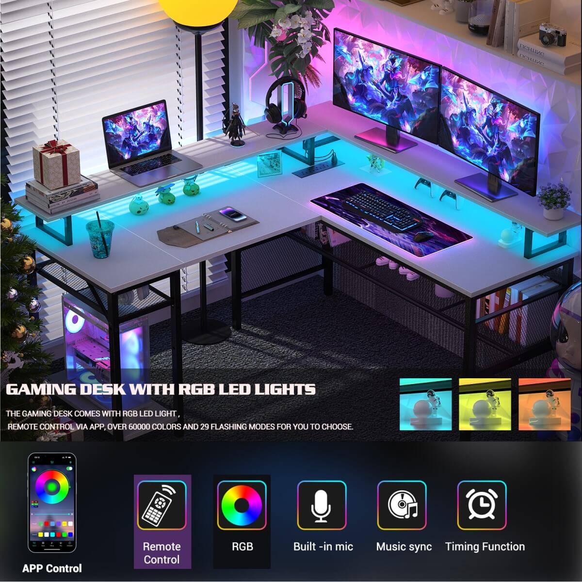 Reversible L Shaped Desk with Power Outlets and LED Light