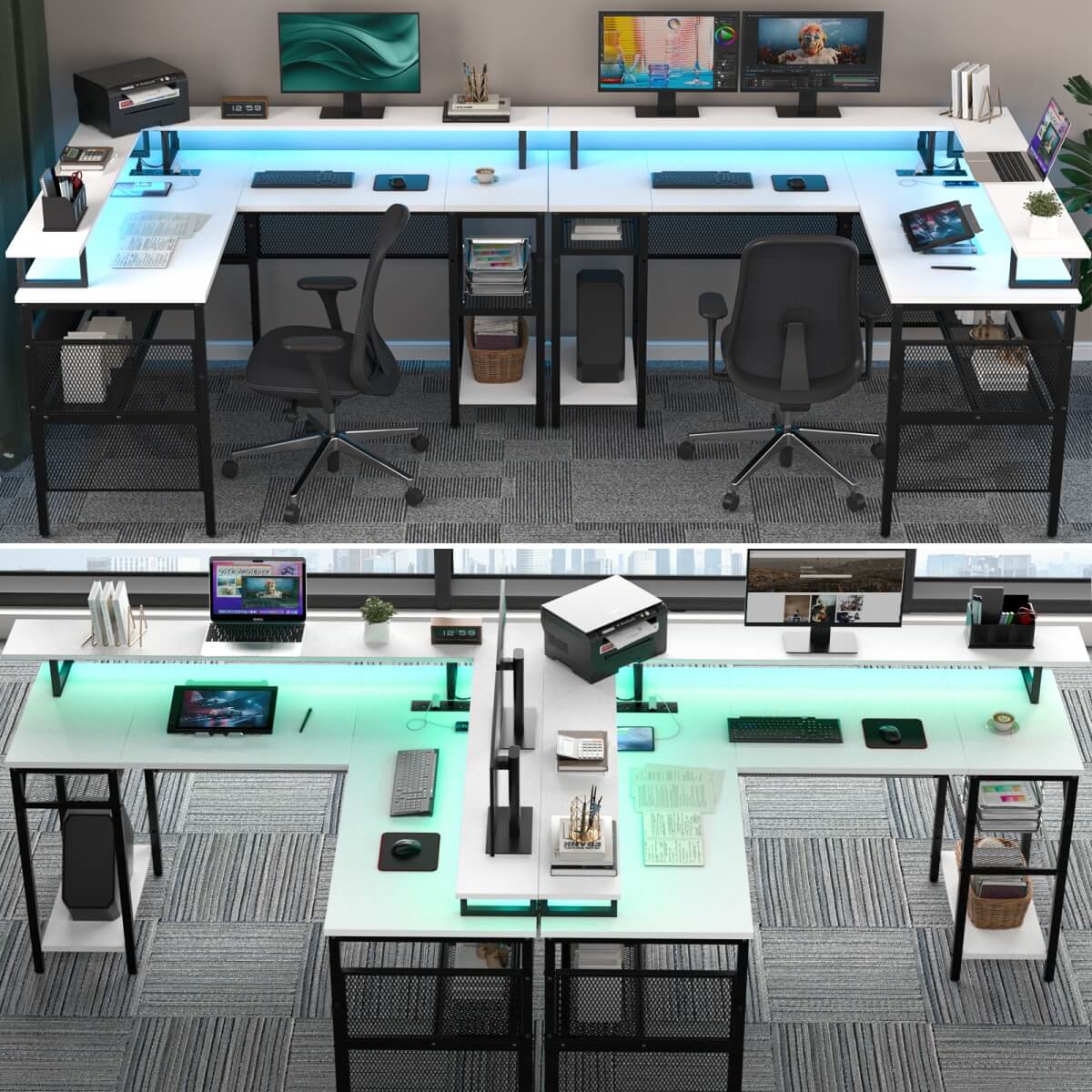 Reversible L Shaped Desk with Power Outlets and LED Light