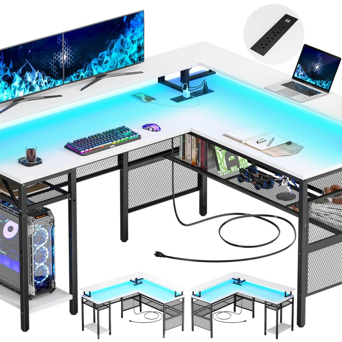 Reversible L Shaped Desk with Power Outlets and LED Light