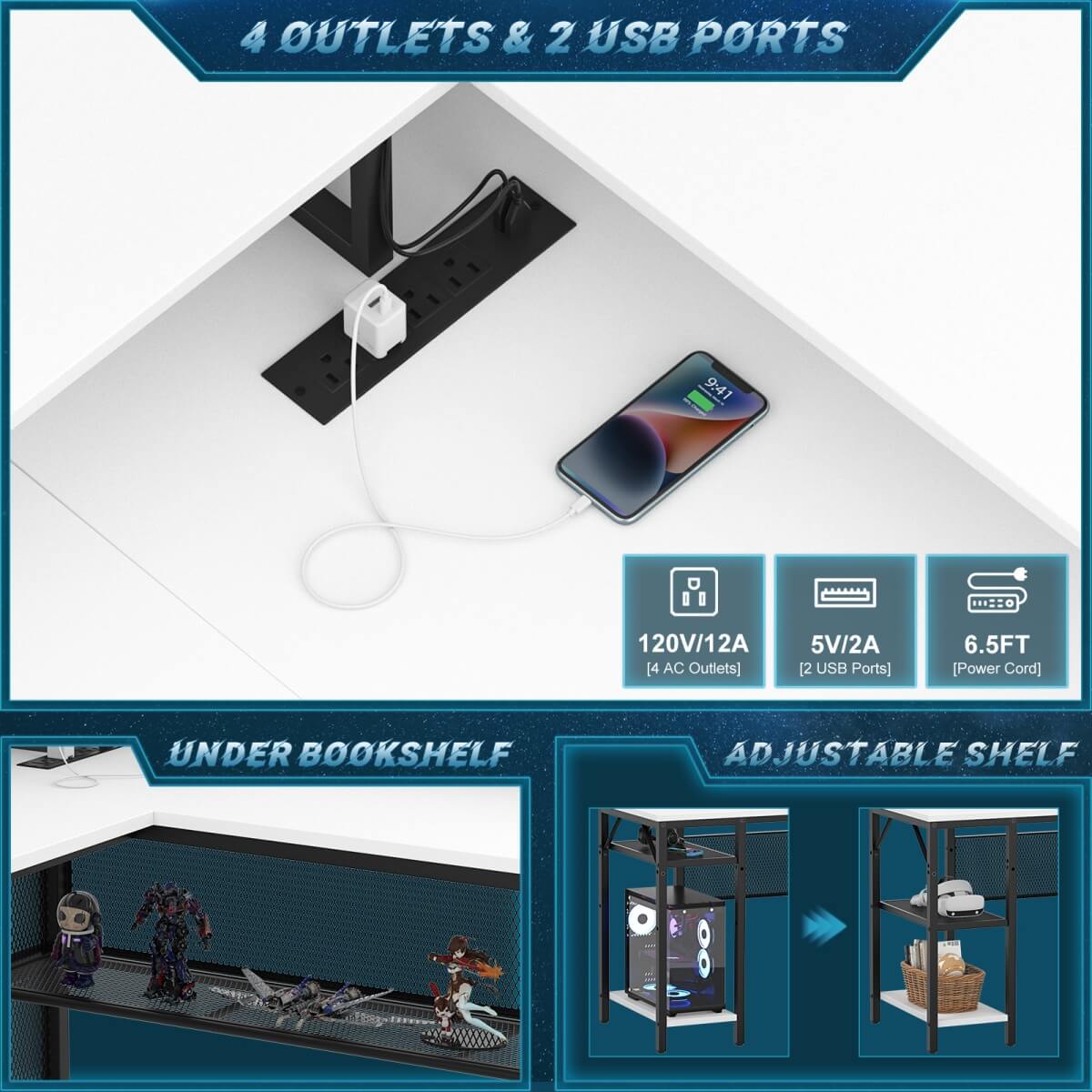 Reversible L Shaped Desk with Power Outlets and LED Light