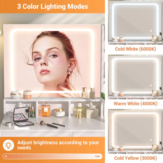 Small Vanity Desk, Vanity Desk with Mirror and Lights, Makeup Vanity Desks with Power Strip
