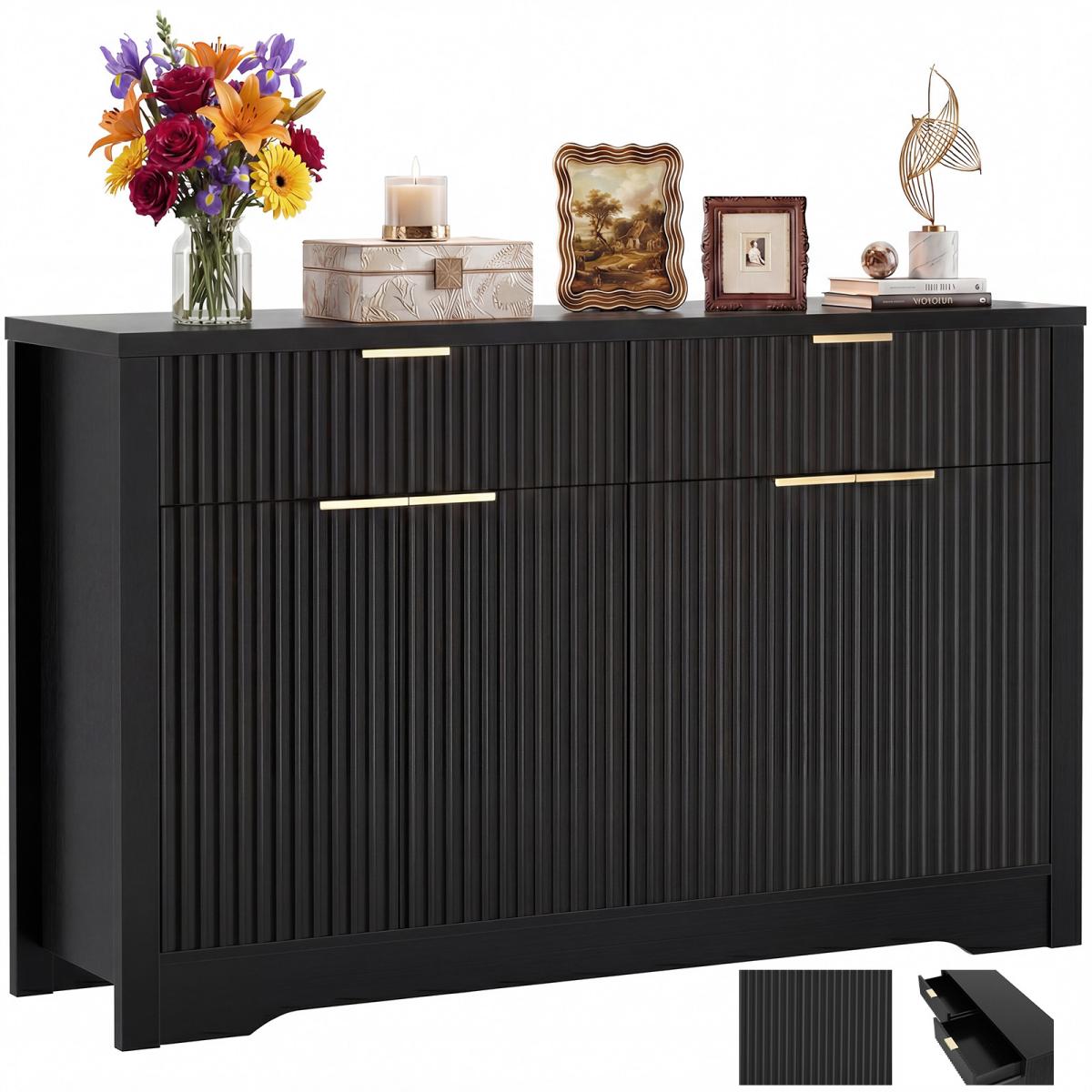 55" Fluted Buffet Cabinet, Modern Sideboard Credenza with Drawers, Adjustable Shelves & Coffee Bar Storage for Kitchen