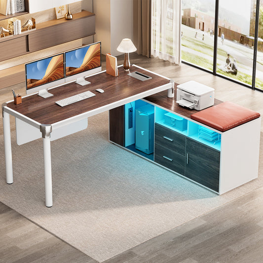 68.9 Inch L Shaped Desk with Drawers, Computer Desk with Power Outlets and LED Lights, Corner Office Desk with Storage Cabinet, Open Shelf and Seat Cushion