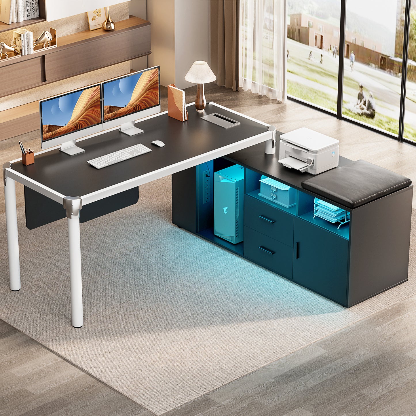 68.9 Inch L Shaped Desk with Drawers, Computer Desk with Power Outlets and LED Lights, Corner Office Desk with Storage Cabinet, Open Shelf and Seat Cushion