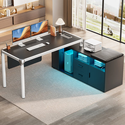 68.9 Inch L Shaped Desk with Drawers, Computer Desk with Power Outlets and LED Lights, Corner Office Desk with Storage Cabinet, Open Shelf and Seat Cushion