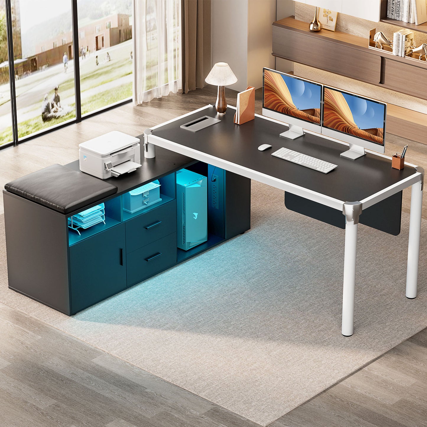 68.9 Inch L Shaped Desk with Drawers, Computer Desk with Power Outlets and LED Lights, Corner Office Desk with Storage Cabinet, Open Shelf and Seat Cushion