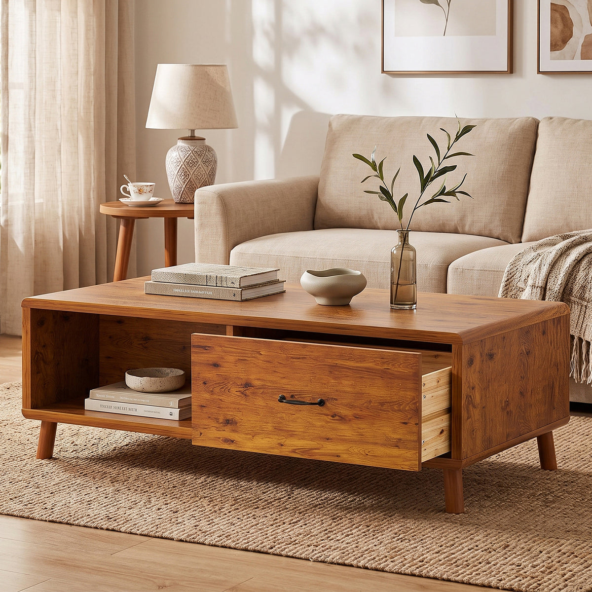 47.2'' Solid Firwood Coffee Table with Storage Drawer for Living Room