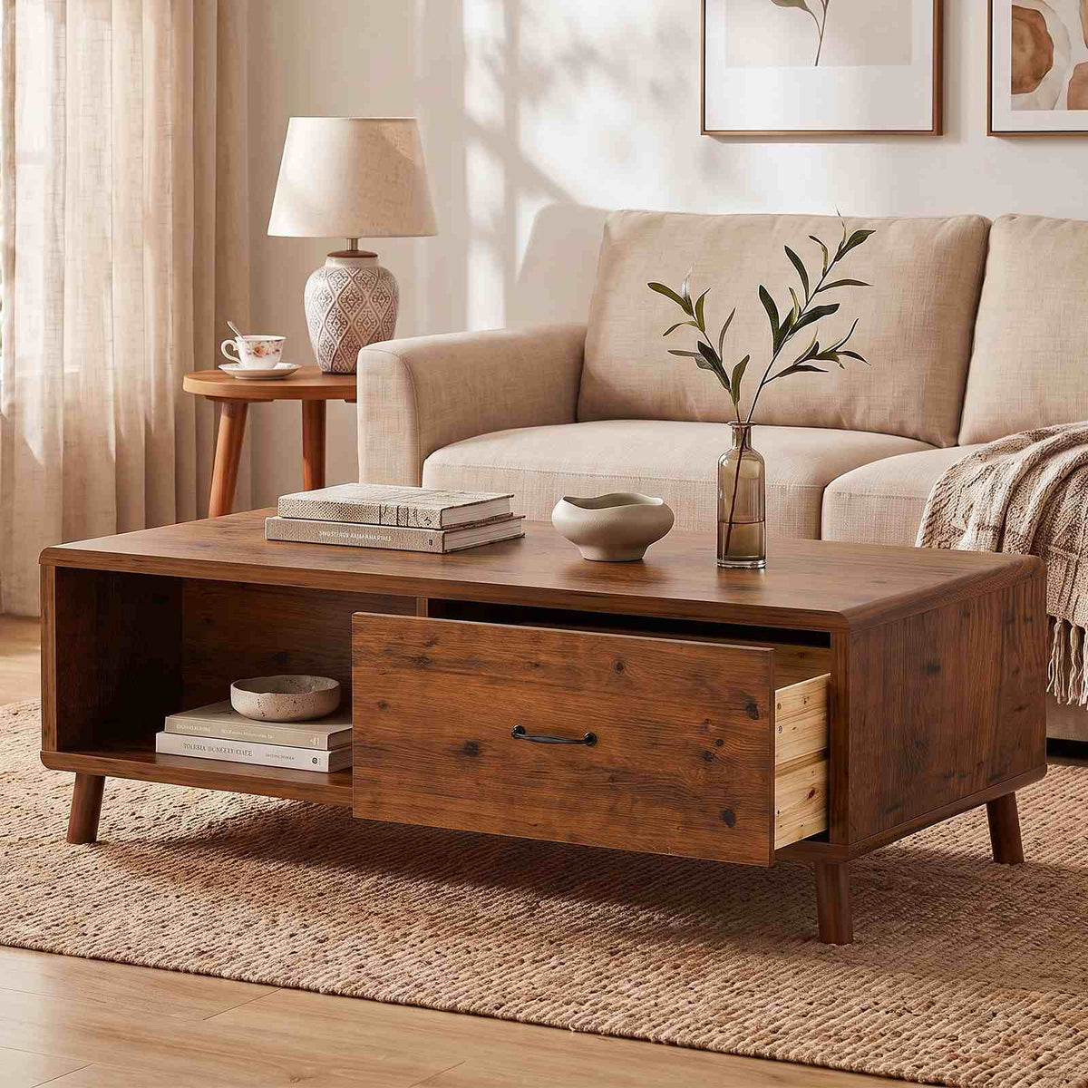 47.2'' Solid Firwood Coffee Table with Storage Drawer for Living Room