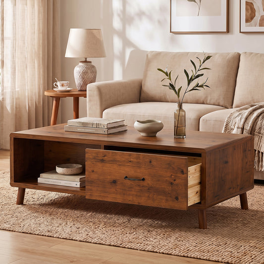 47.2'' Solid Firwood Coffee Table with Storage Drawer for Living Room