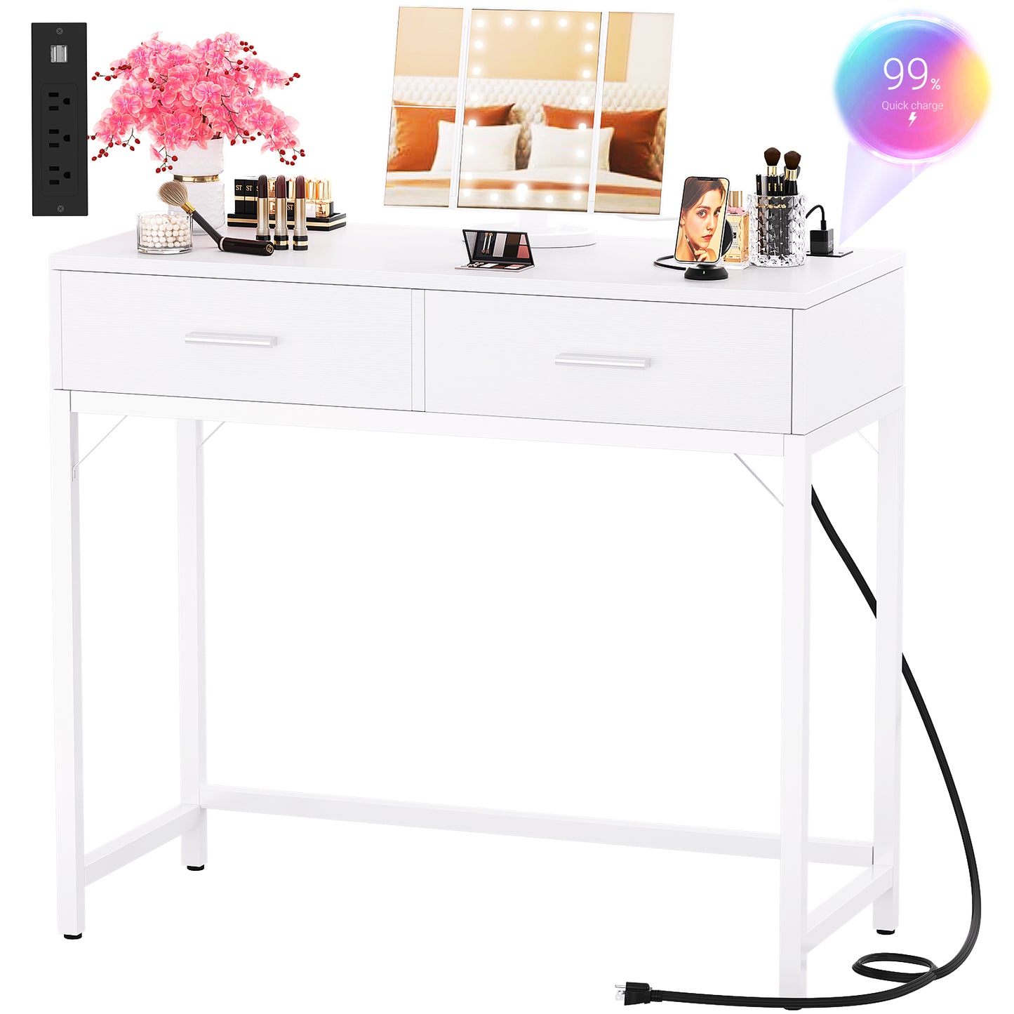 Vanity Desk with Mirror and Lights, 35.8" Makeup Table with Drawers