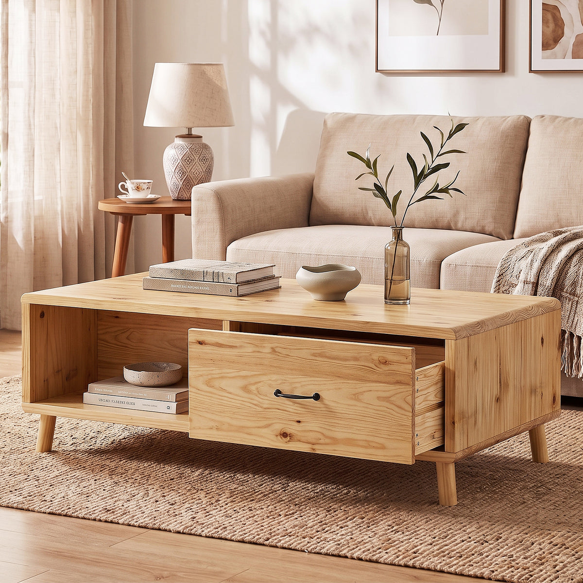 47.2'' Solid Firwood Coffee Table with Storage Drawer for Living Room
