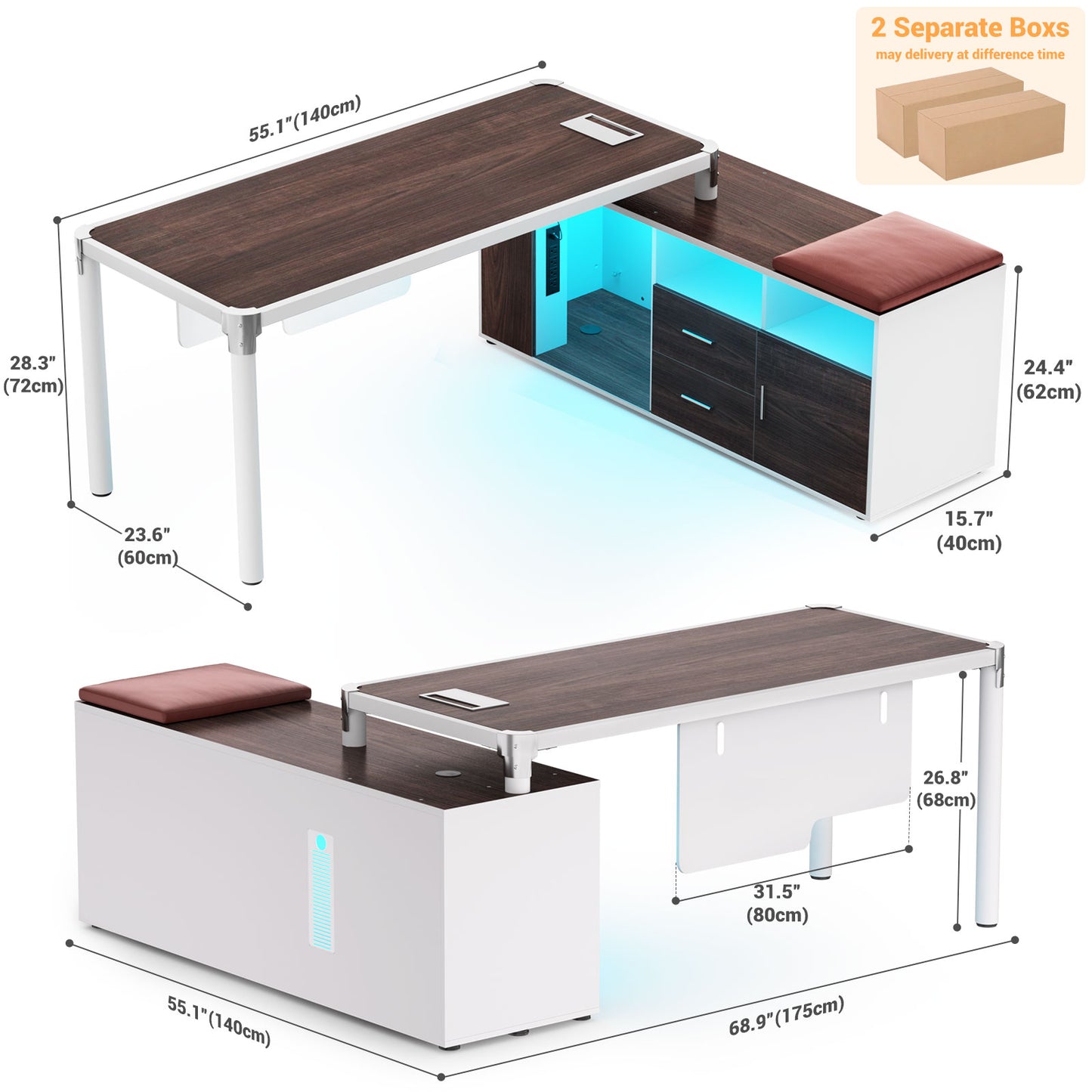 68.9 Inch L Shaped Desk with Drawers, Computer Desk with Power Outlets and LED Lights, Corner Office Desk with Storage Cabinet, Open Shelf and Seat Cushion