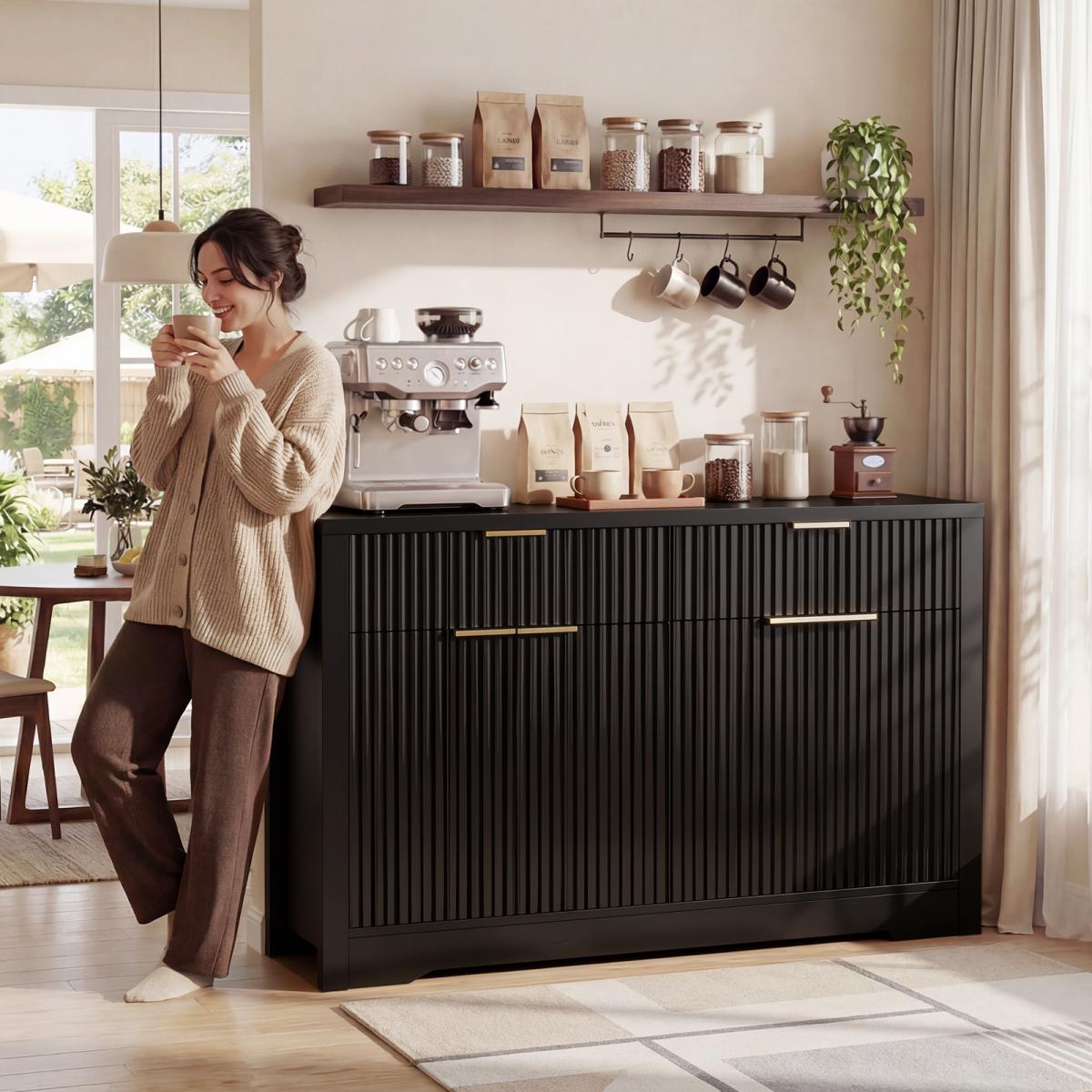 55" Fluted Buffet Cabinet, Modern Sideboard Credenza with Drawers, Adjustable Shelves & Coffee Bar Storage for Kitchen