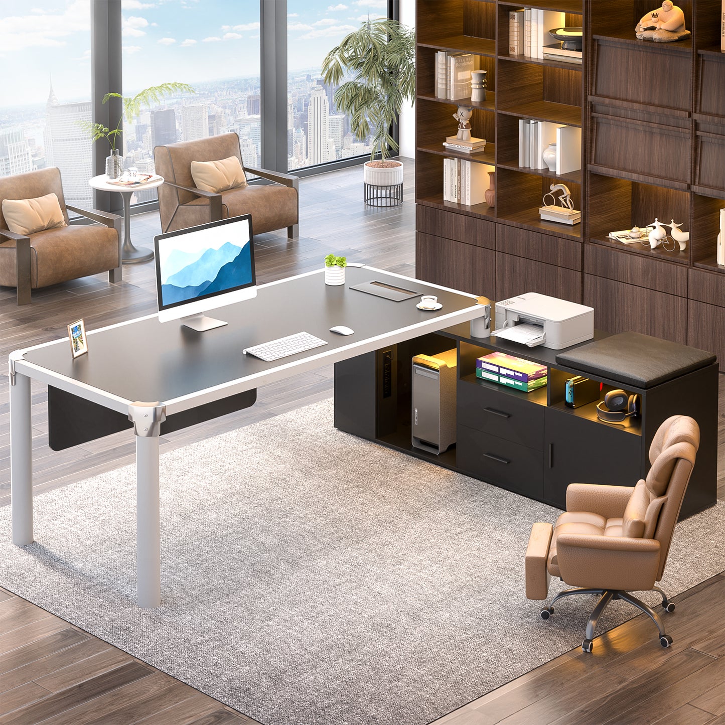 68.9 Inch L Shaped Desk with Drawers, Computer Desk with Power Outlets and LED Lights, Corner Office Desk with Storage Cabinet, Open Shelf and Seat Cushion