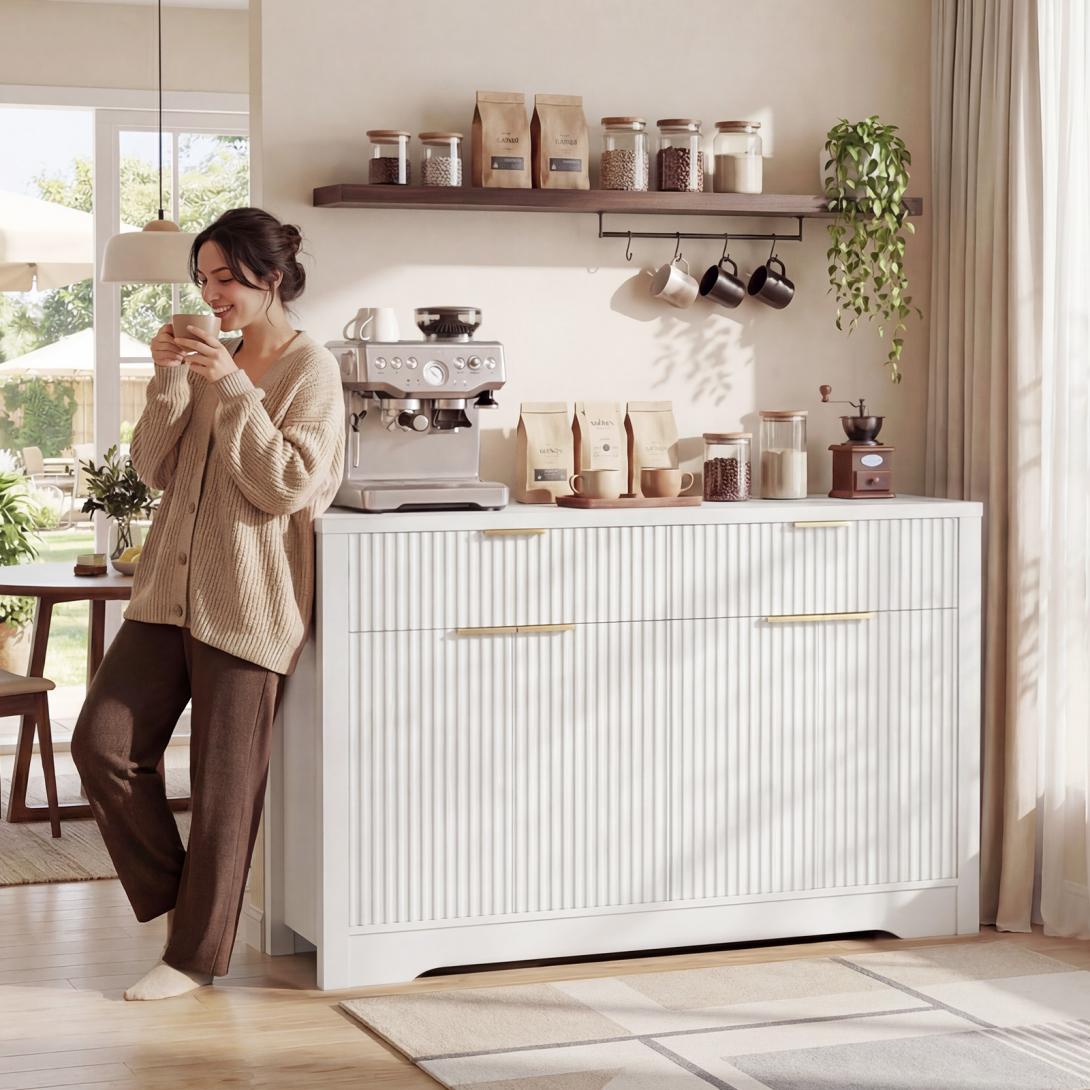 55" Fluted Buffet Cabinet, Modern Sideboard Credenza with Drawers, Adjustable Shelves & Coffee Bar Storage for Kitchen