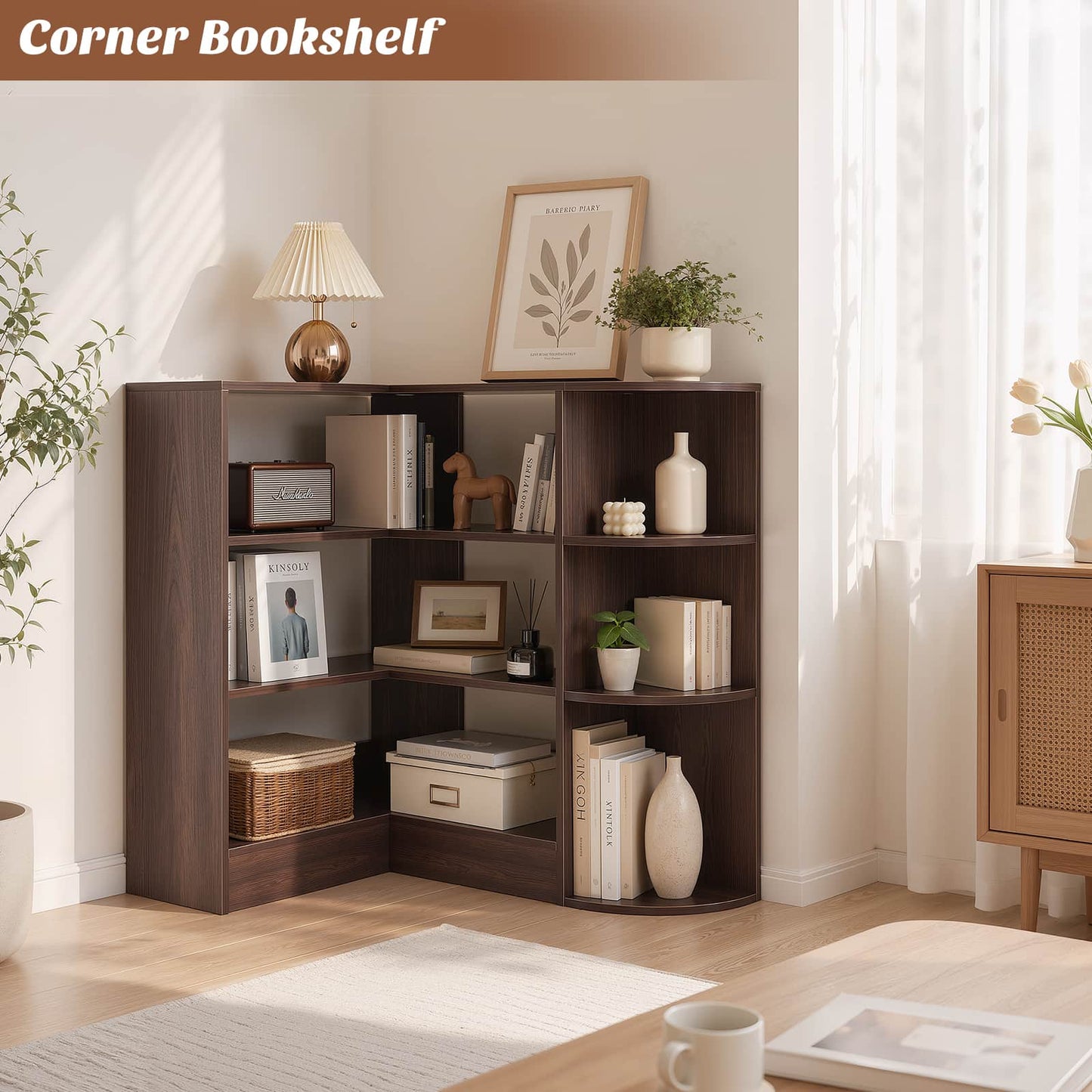 4-Tier Small Corner Shelf, Compact L-Shaped Corner Bookshelf