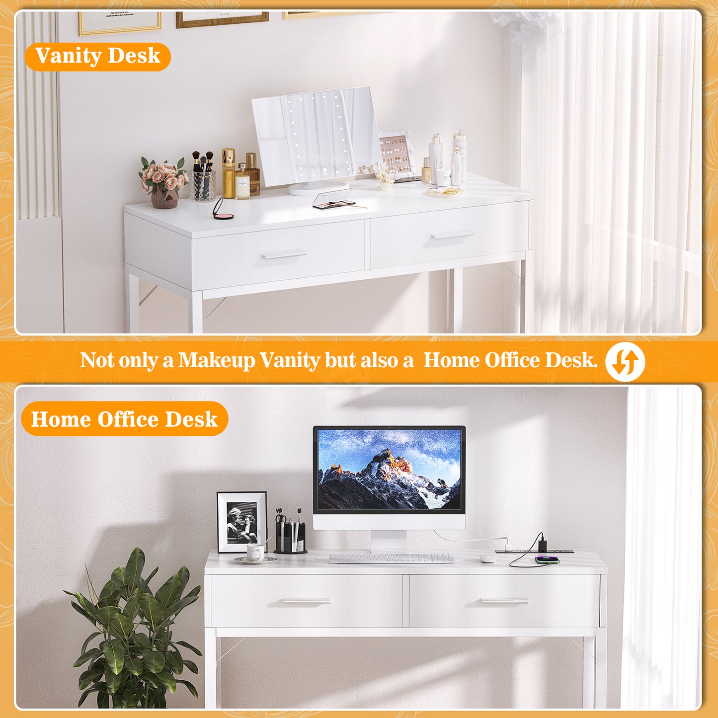 Vanity Desk with Mirror and Lights, 35.8" Makeup Table with Drawers